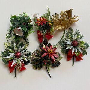 Vintage Christmas Corsages Pretty Foil Leaves Baubles Pine Cones Bells